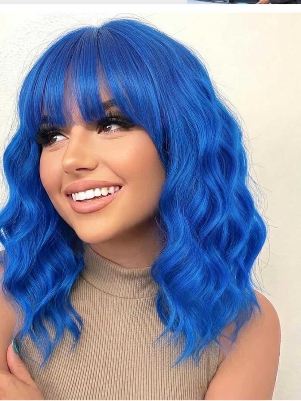 Vibrant Blue Wavy Women's Wig with Bangs - Unbranded